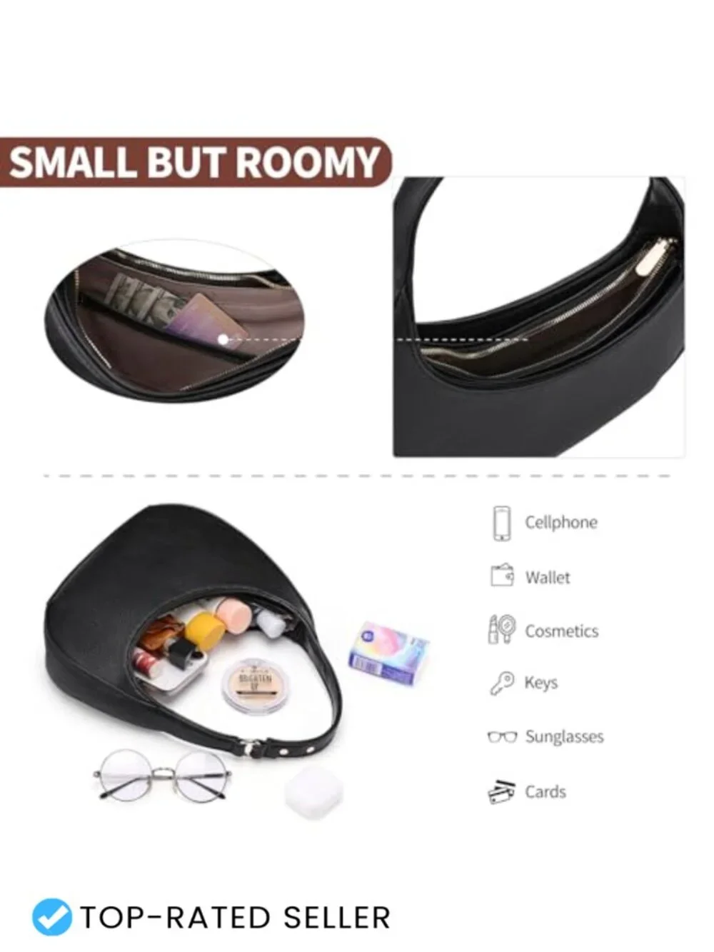 Small Vegan Leather Hobo Crossbody Purse with Zip Closure